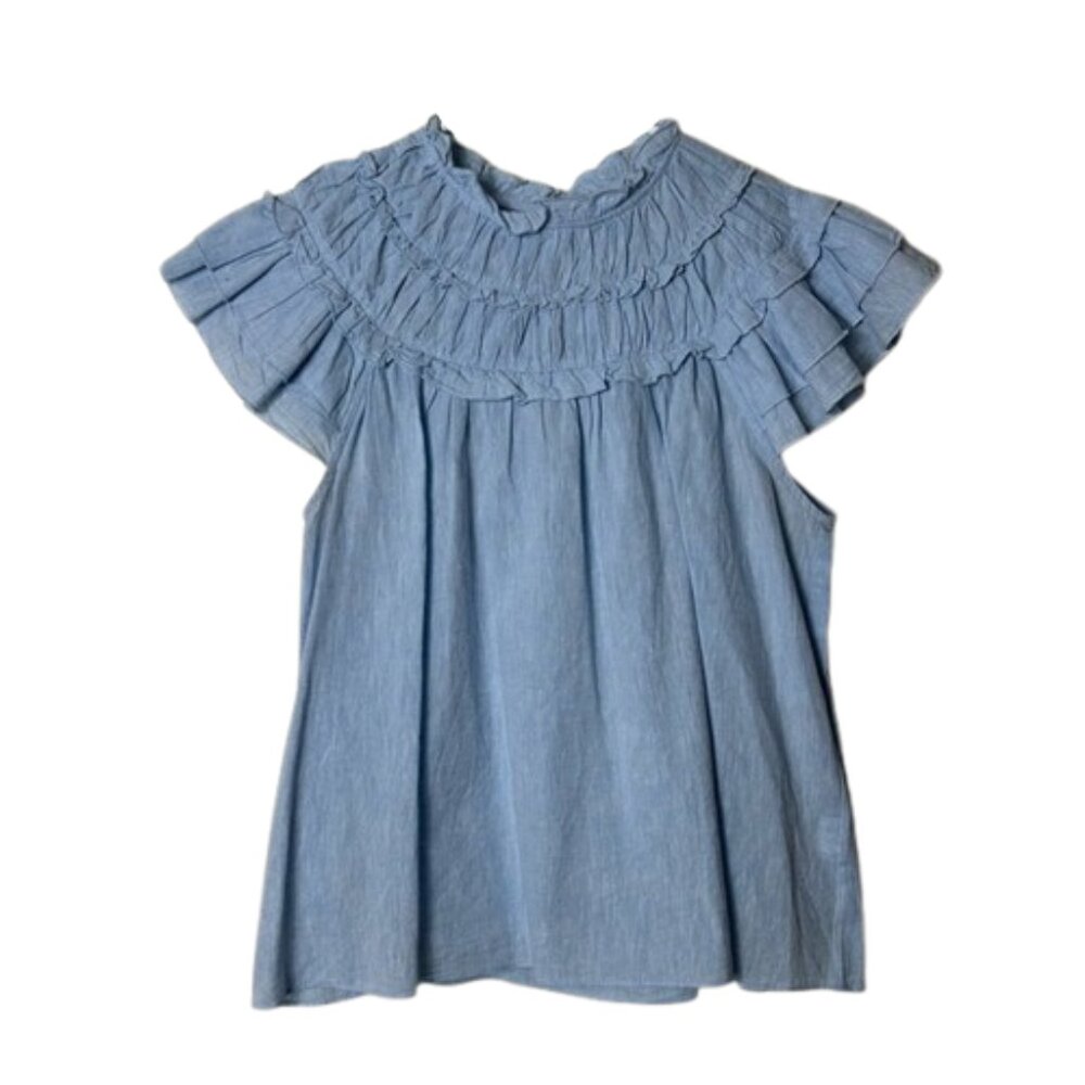 Willa Story blue linen blend ruffle top sleeveless womens XS